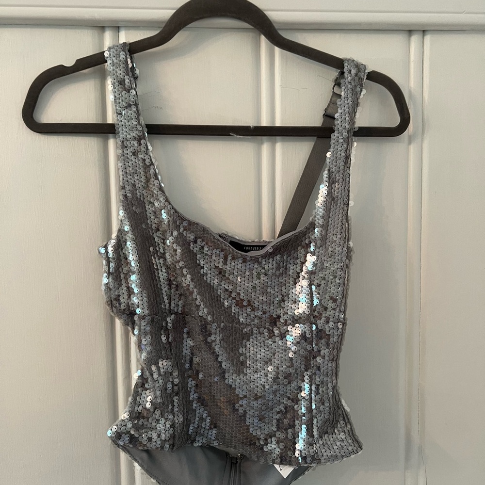 Forever 21 Silver Sequin Asymmetrical Bodysuit